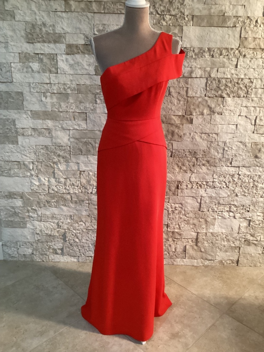 BCBGMAXAZRIA One-Shoulder Asymmetrical Gown in vibrant red